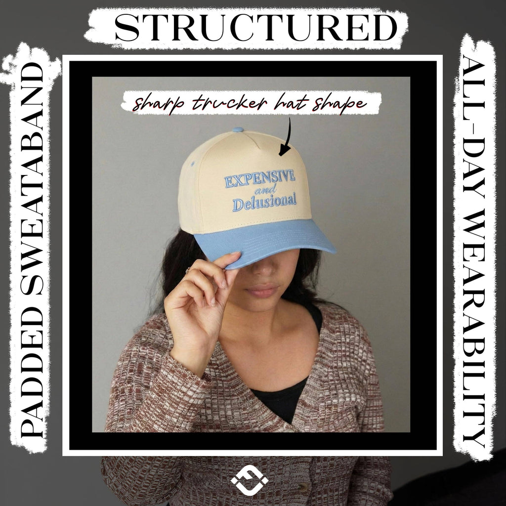 Retro Two Tone Cap - Expensive & Delusional-Light Blue/Beige
